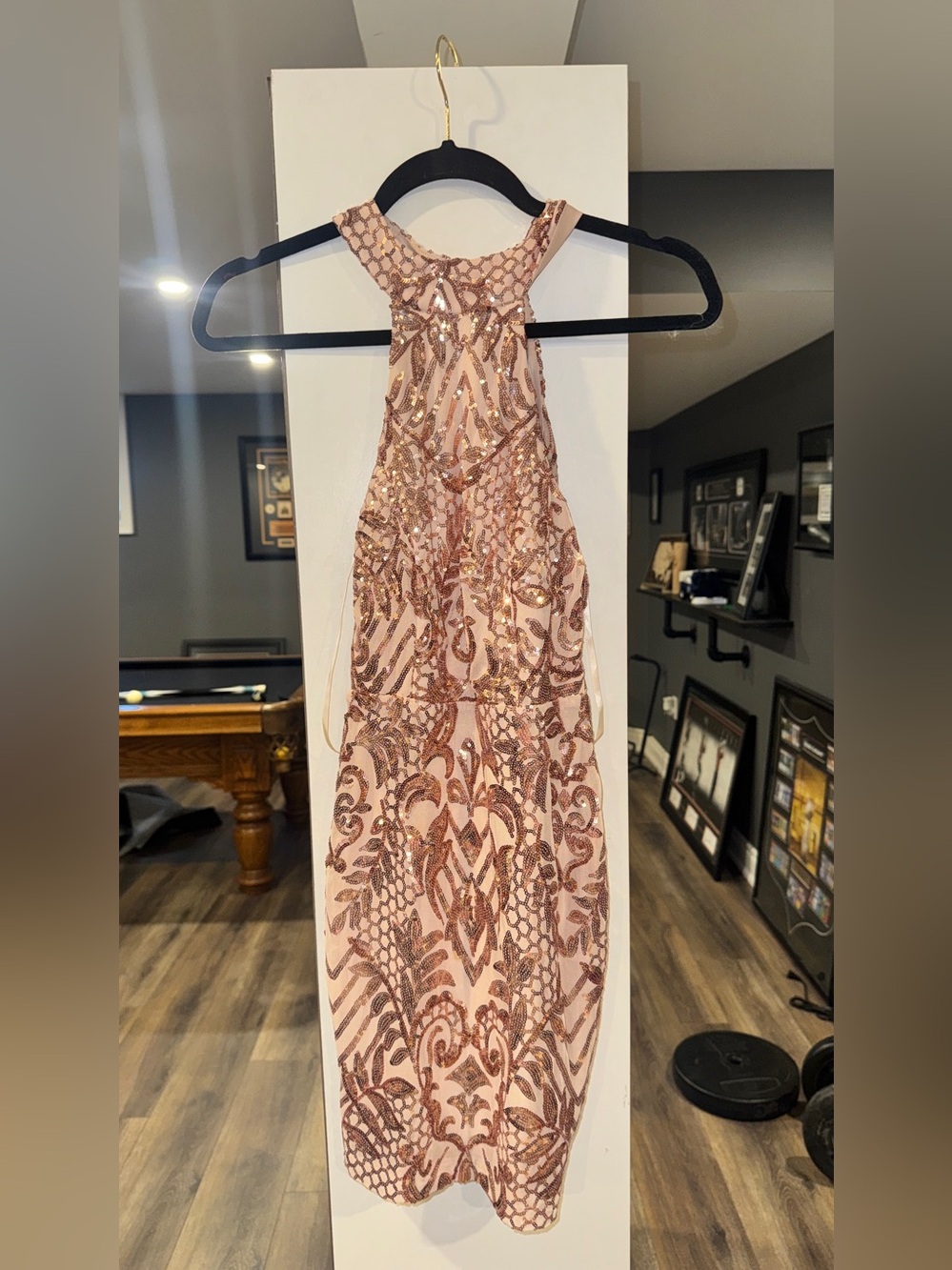 Fashion Nova Rose Gold Sequin Halter Bodycon Dress